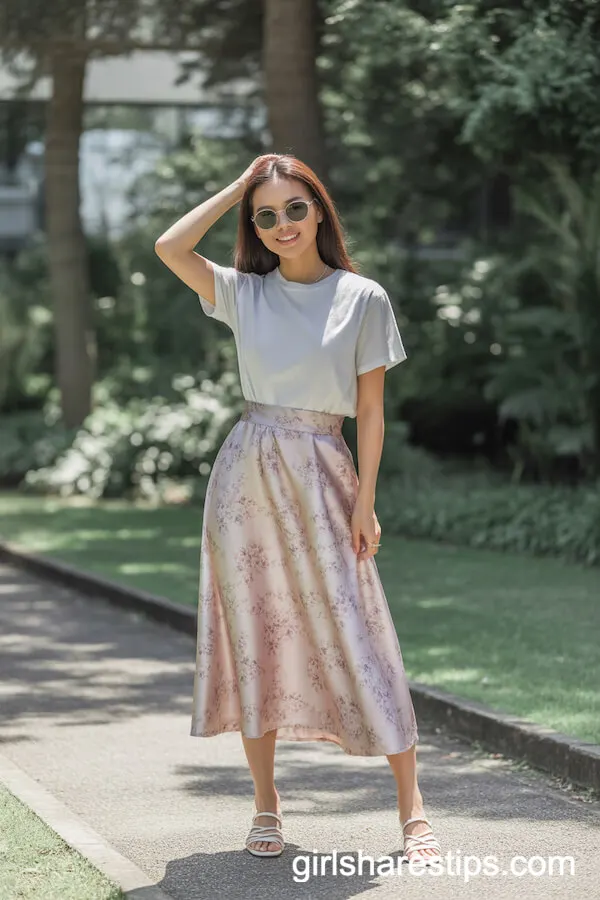 Pastel Floral Satin Skirt with White Tee for Garden-Inspired Minimalism