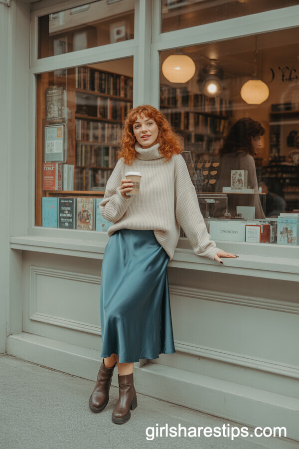Teal Satin Midi Skirt and Chunky Sweater for Bookstore Café Charm