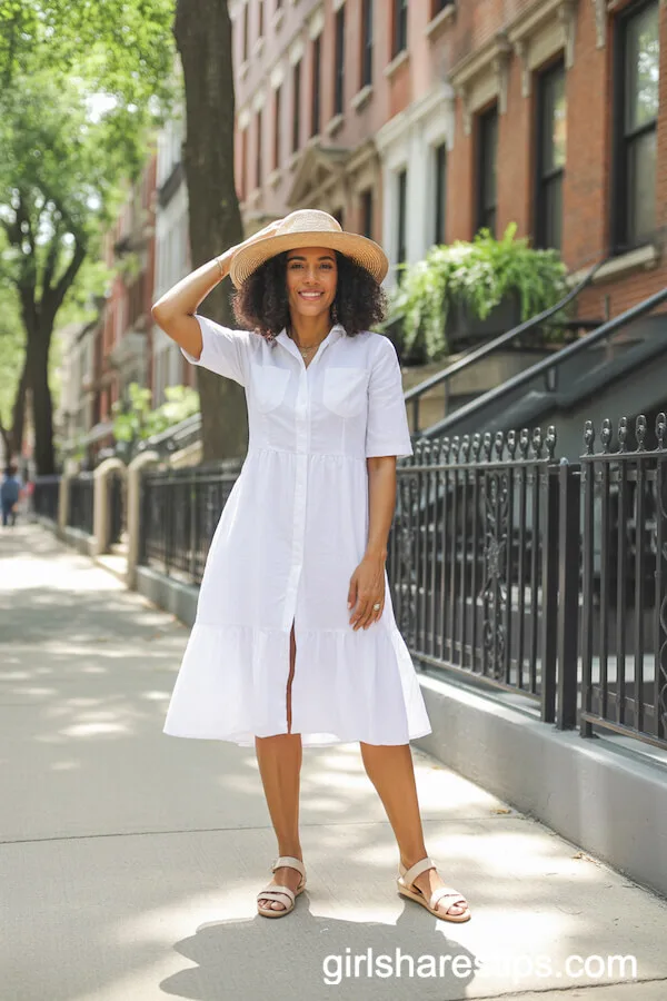 Chic White Linen Dress and Straw Hat Summer Look