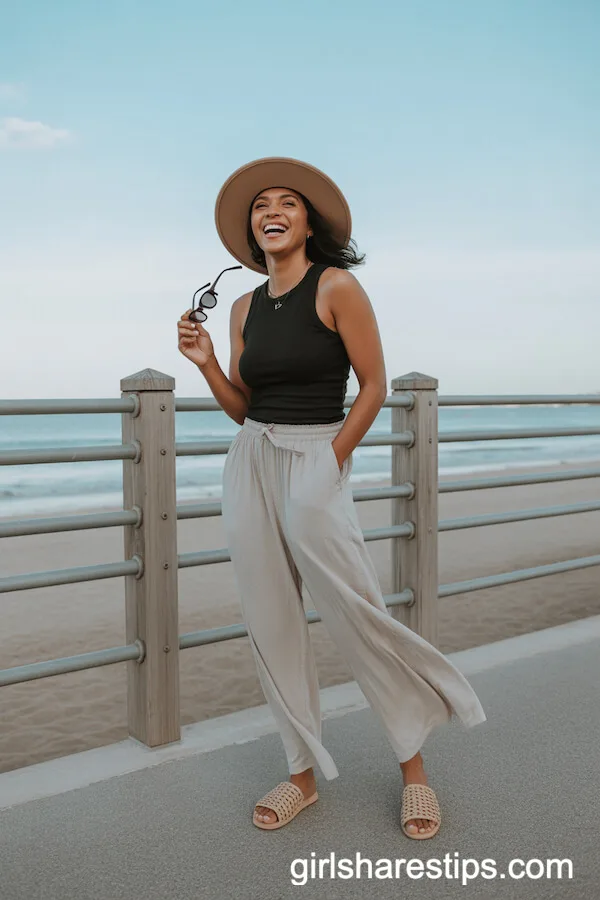 Ivory Wide-Leg Pants and Fitted Black Tank Beachside Look