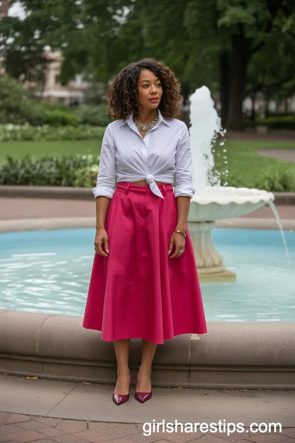 Crisp White Shirt and Bold Midi Skirt for Garden Gatherings