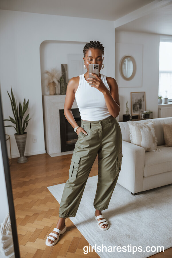 Olive Green Cargo Pants with a Fitted White Tank Top