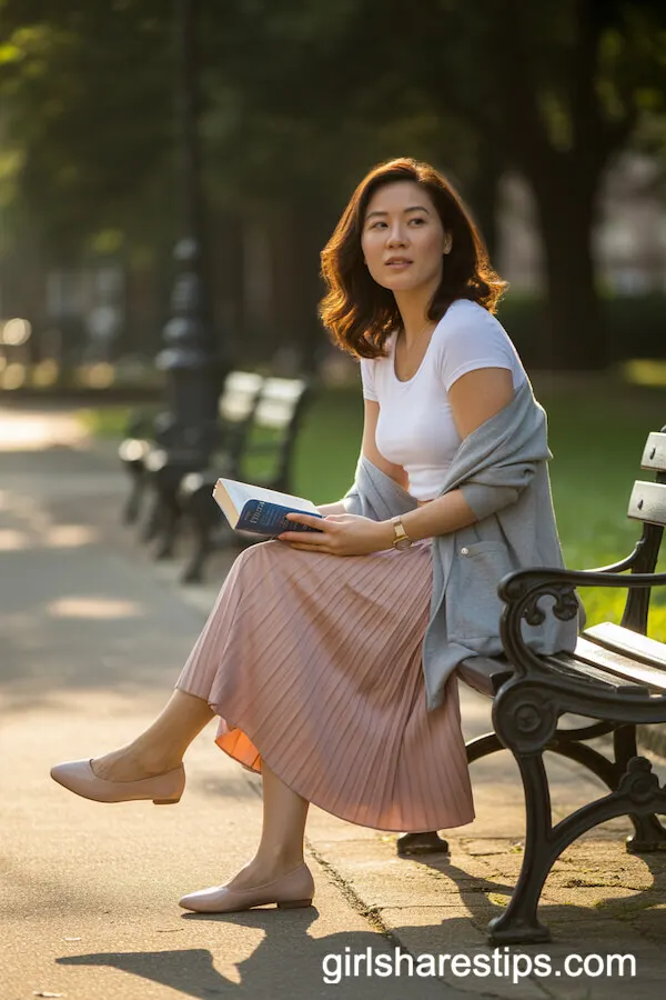 Blush Pleated Midi Skirt with Soft Gray Cardigan