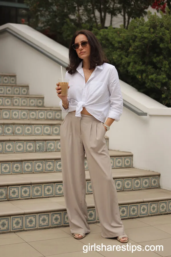 Relaxed White Shirt and Beige Wide-Leg Trousers Ensemble