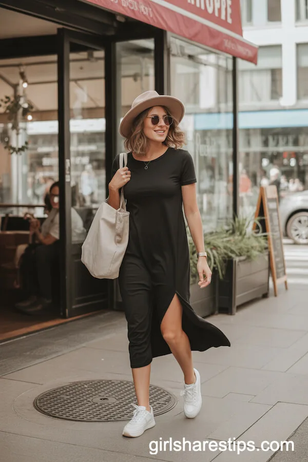 Black T-Shirt Midi Dress with Sneakers and Felt Hat