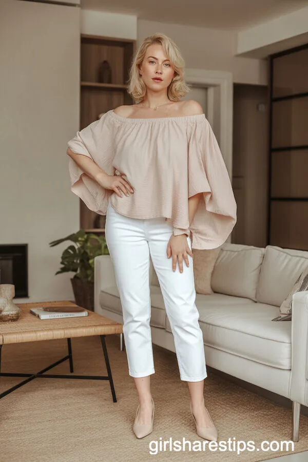Off-Shoulder Blush Blouse and White Cropped Pants