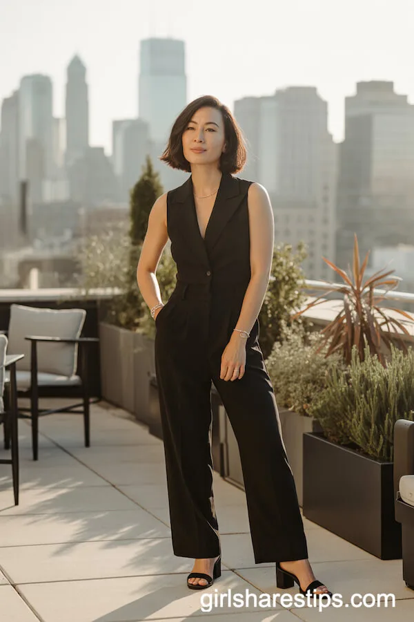 Tailored Black Jumpsuit with Block-Heel Sandals