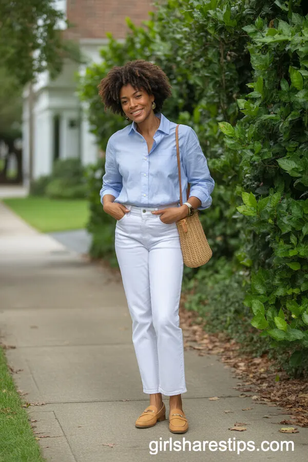 Light Blue Shirt and White Jeans for Casual Sophistication