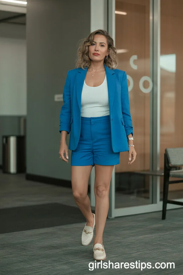 Bold Blue Shorts Suit with Polished Loafers