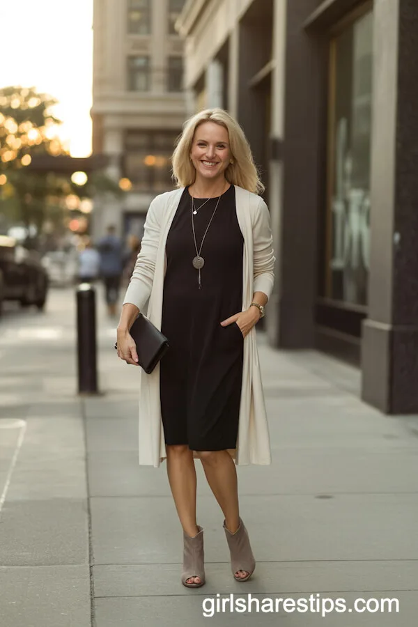 Sleeveless Black Dress with Cream Cardigan Layers