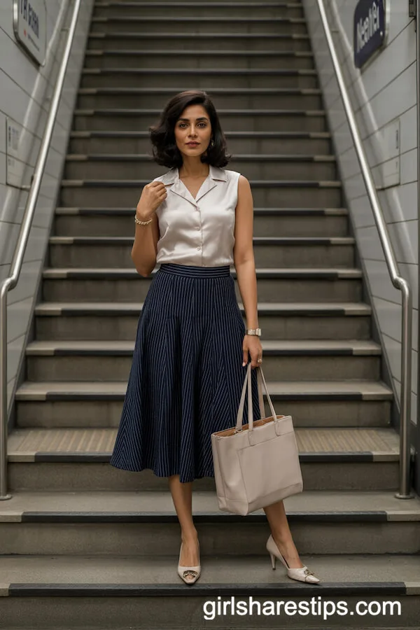 Striped Midi Skirt and Sleeveless Silk Blouse Power Combo