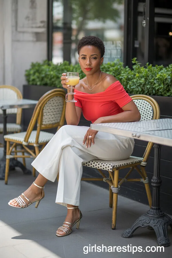 Vibrant Off-Shoulder Red Top and White Cropped Trousers