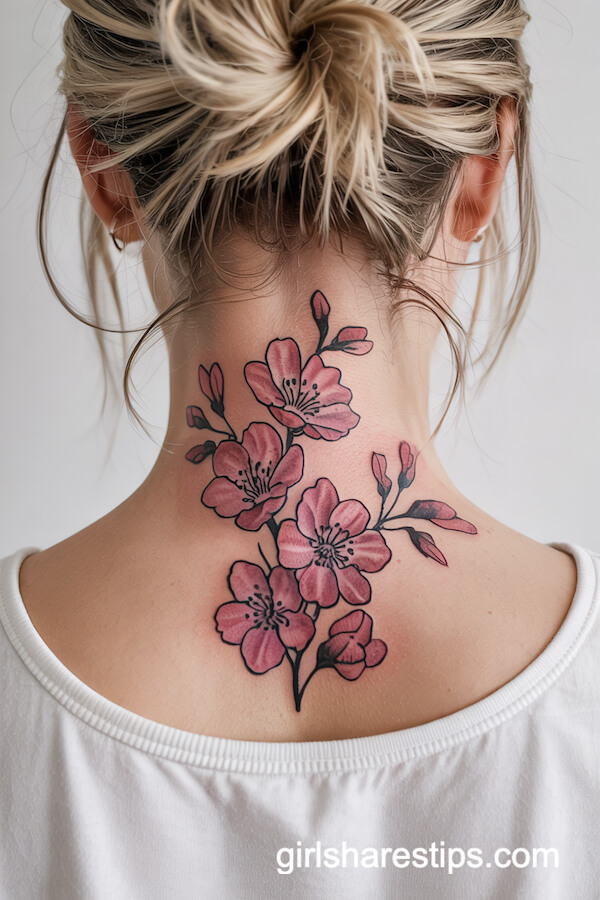Cascading Cherry Blossom Neck Tattoo