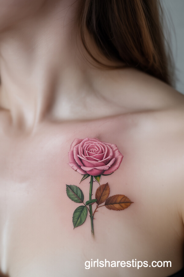 Realistic Pink Rose Collarbone Tattoo