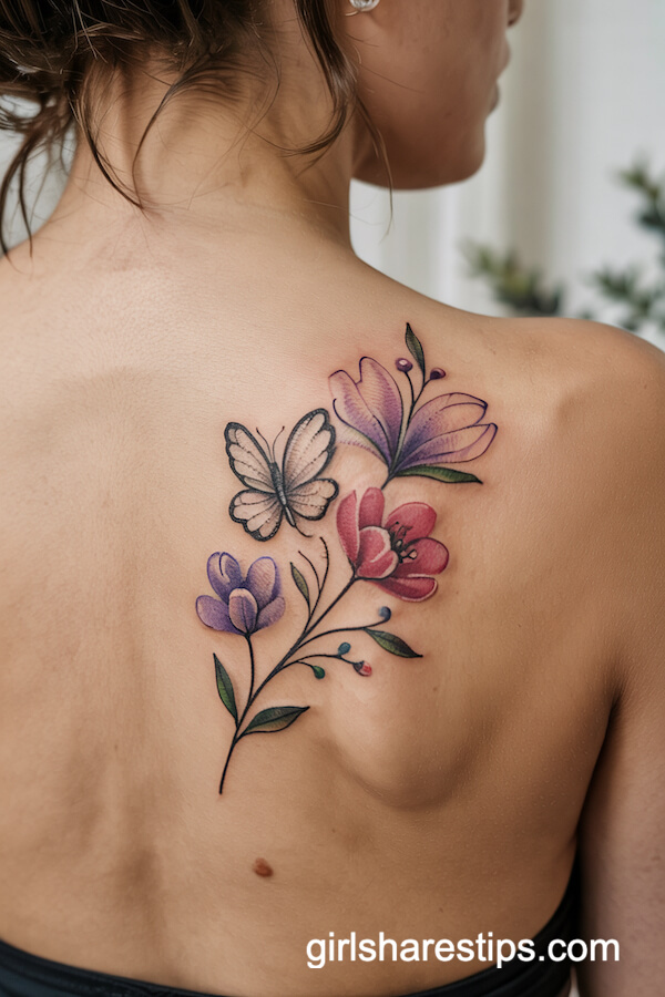 Butterfly and Flower Back Tattoo