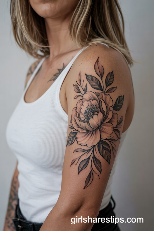 Black and Gray Peony Arm Tattoo