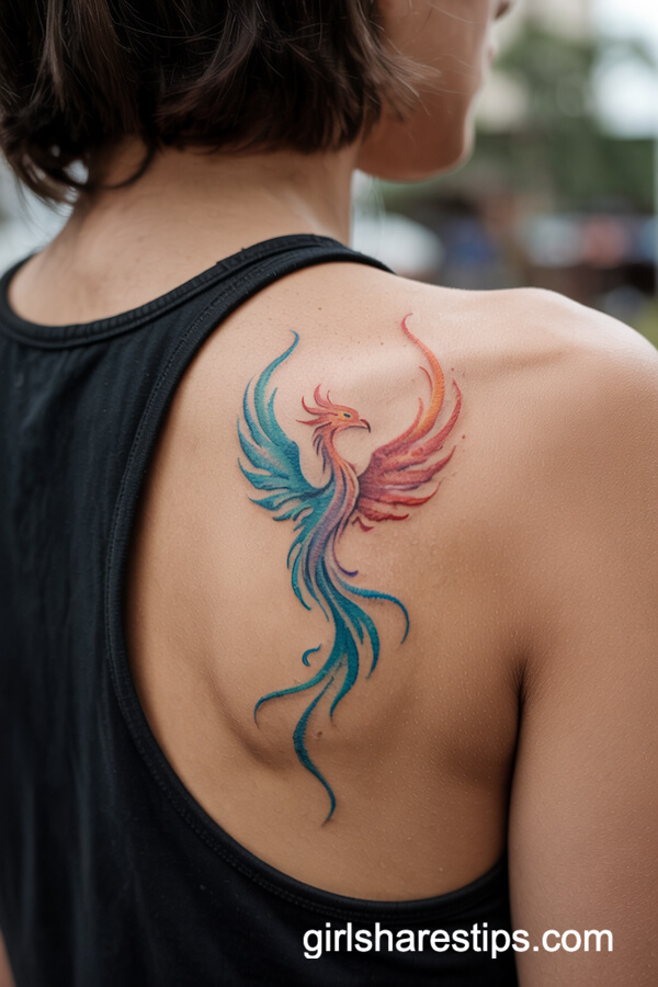 Watercolor Phoenix Back Tattoo