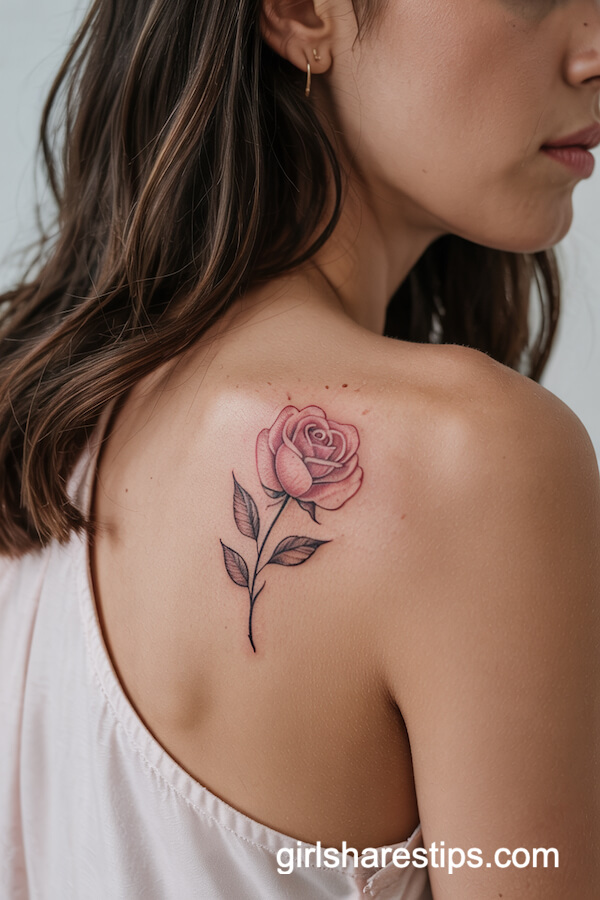 Pink Rose Shoulder Blade Tattoo