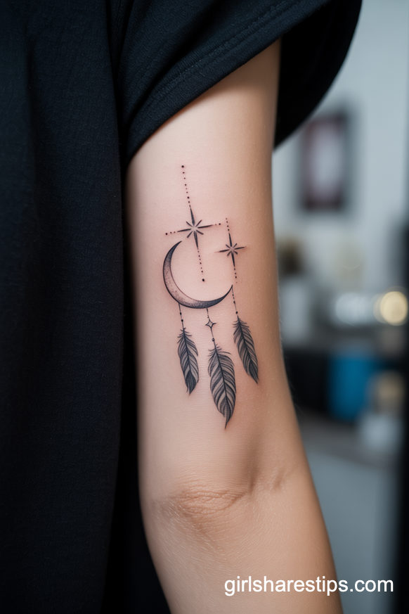 Moon and Feather Dreamcatcher Tattoo