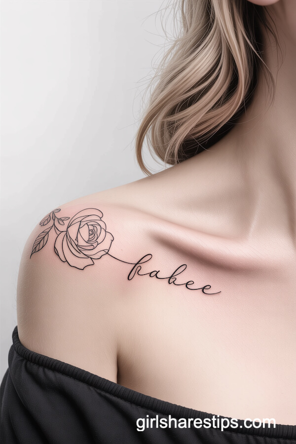 Rose and Script Collarbone Tattoo