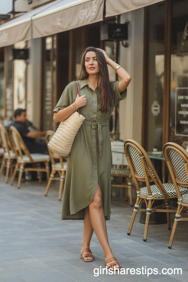 Olive Shirt Dress and Brown Slides