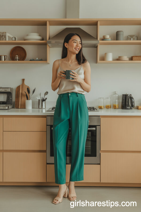 Emerald Green Trousers and Silk Camisole