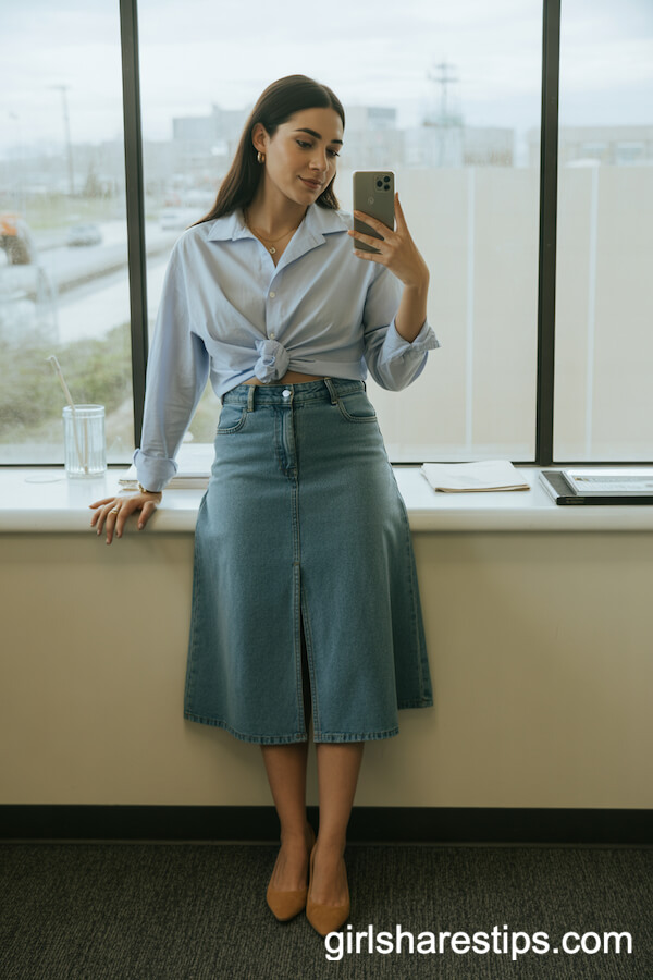 Pale Blue Shirt and Denim Midi Skirt
