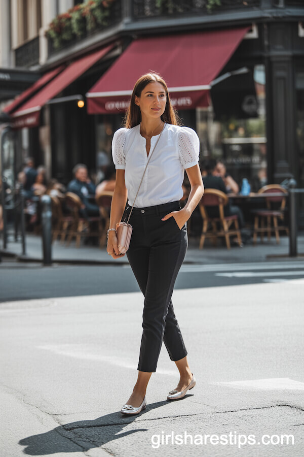 Eyelet Blouse and Black Cropped Trousers
