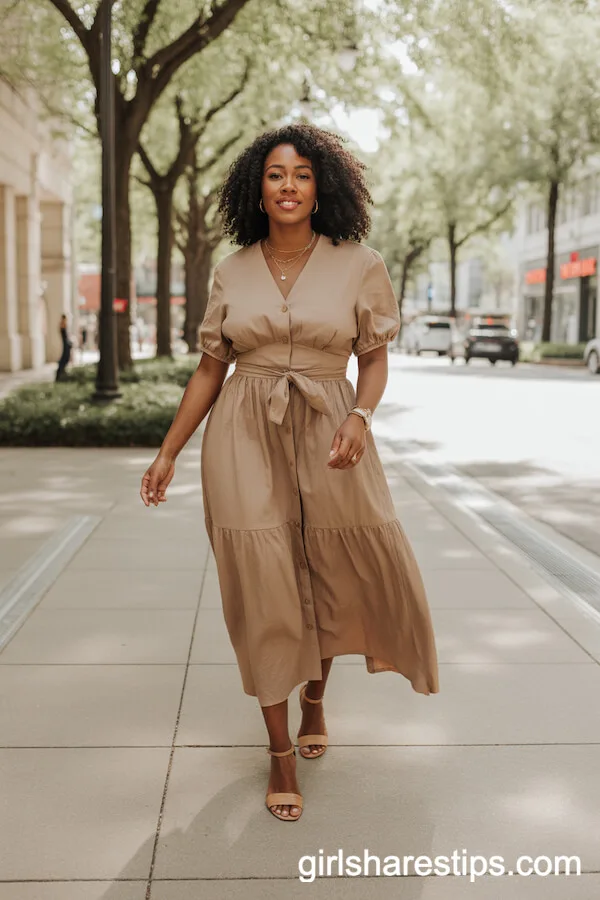 Tan Linen Midi Dress with Subtle Gold Details