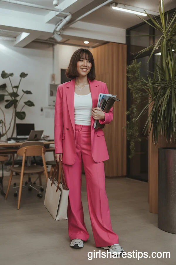 Bold Hot Pink Suit Set with Sneakers