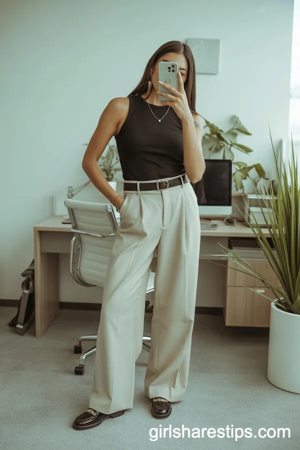 Cream Wide-Leg Trousers Black Tank