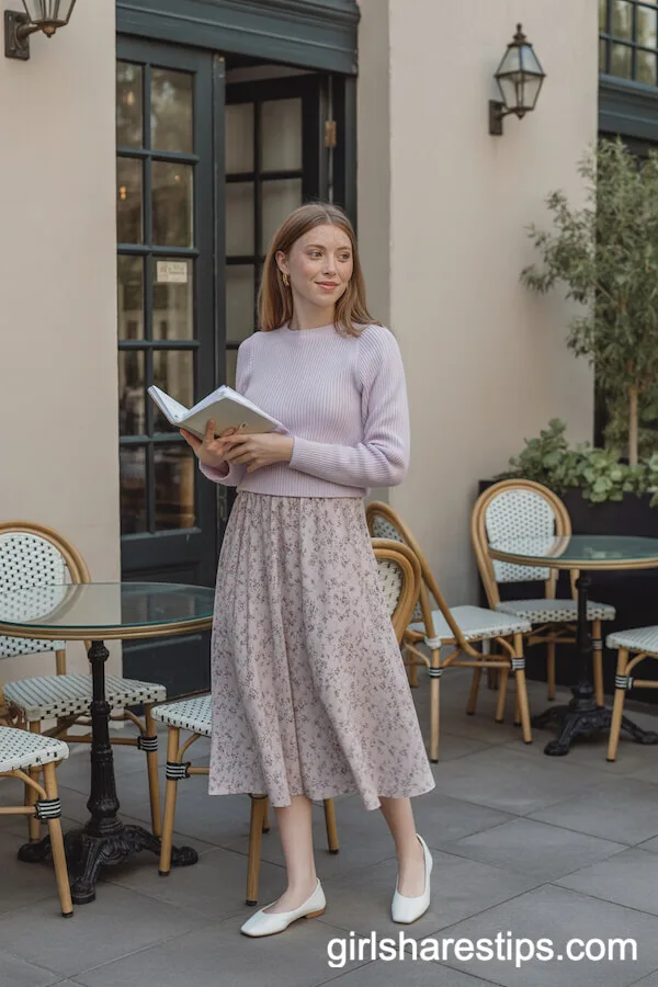 Floral Midi Skirt Pastel Knit Top