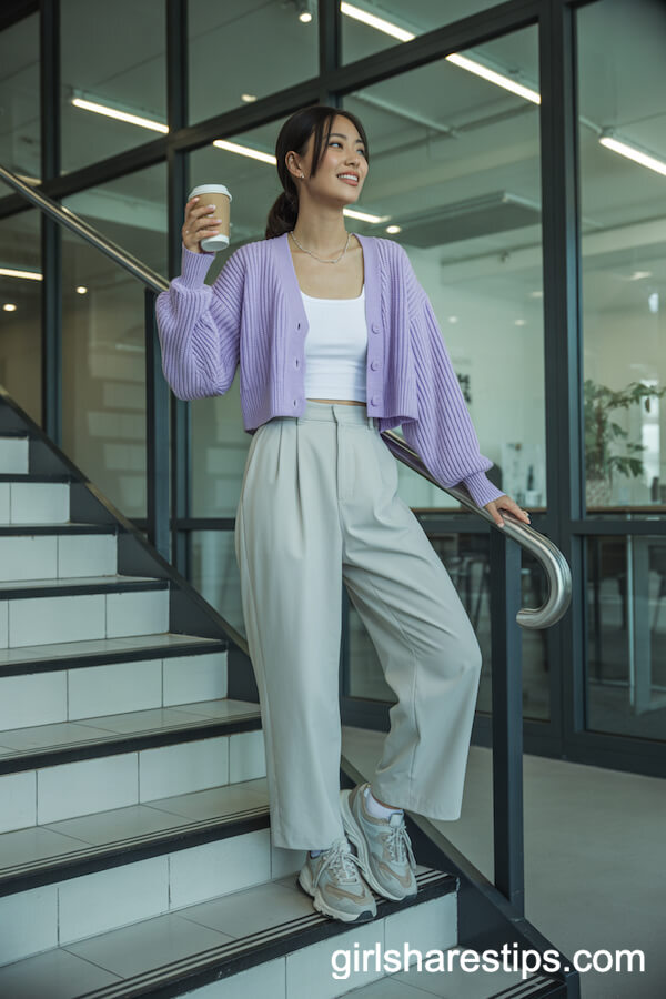 Lavender Cardigan and Beige Trousers