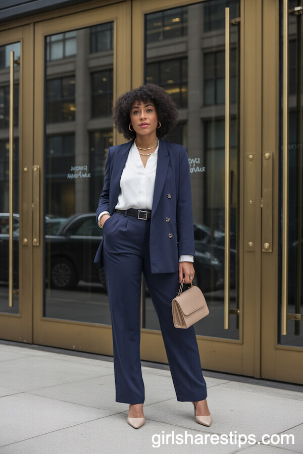 Navy Pantsuit and White Blouse Power Outfit