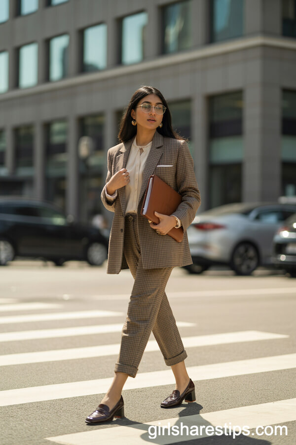 Brown Checked Blazer Set for Business District Chic