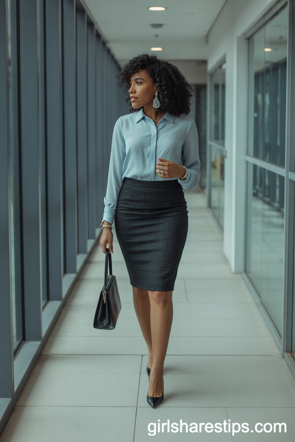 Charcoal Pencil Skirt and Blue Silk Blouse Ensemble