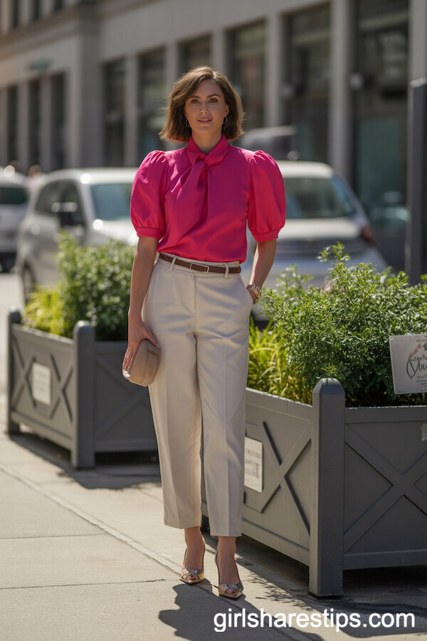 Fuchsia Statement Blouse with Neutral Slacks