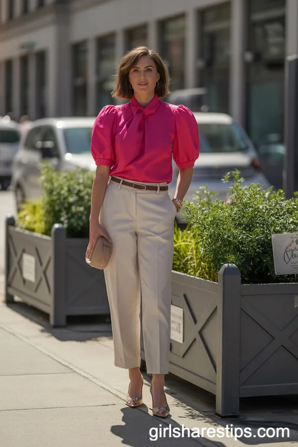 Fuchsia Statement Blouse with Neutral Slacks