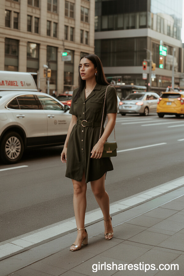 Dark Green Shirt Dress with Coordinated Heels