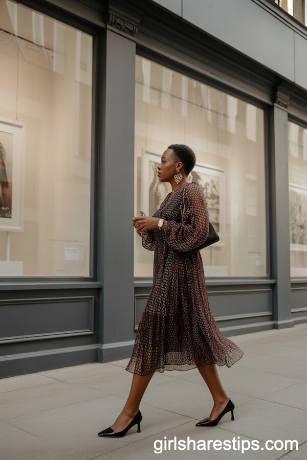 Patterned Jewel Tone Midi Dress for Artistic Flair