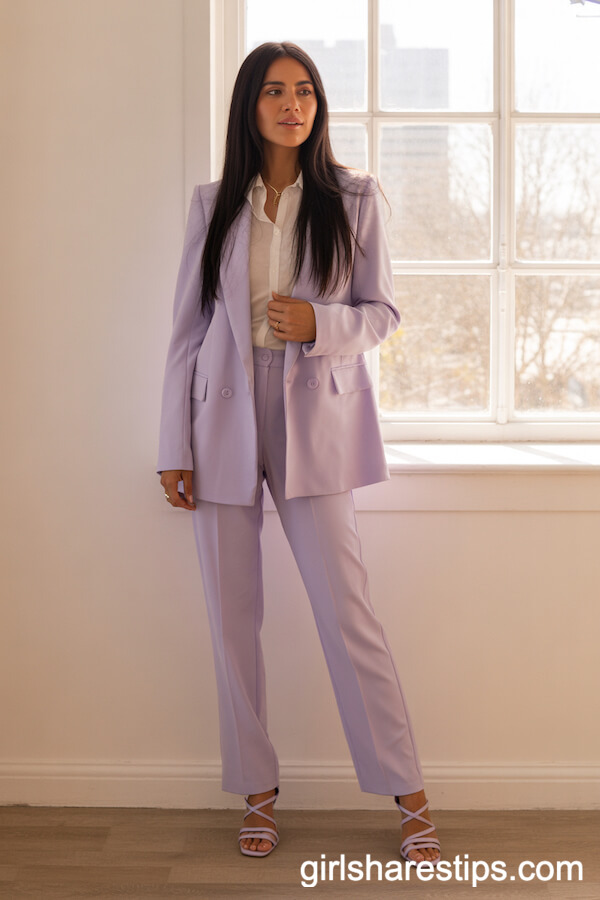 Lilac Pantsuit with White Blouse for a Modern Professional Look