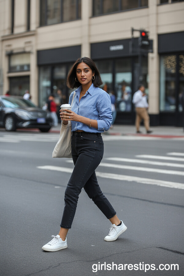 Blue Chambray Shirt with Black Cropped Jeans