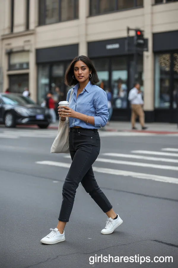 Blue Chambray Shirt with Black Cropped Jeans