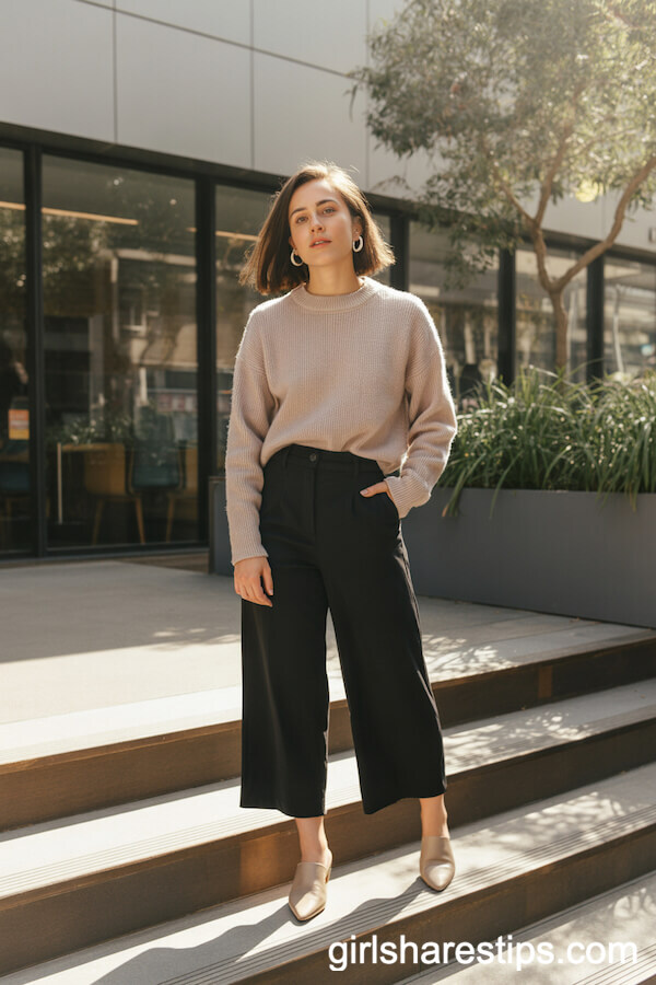 Beige Knit Sweater, Black Culottes
