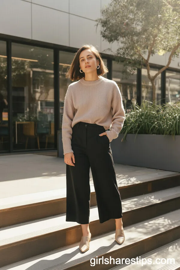 Beige Knit Sweater, Black Culottes