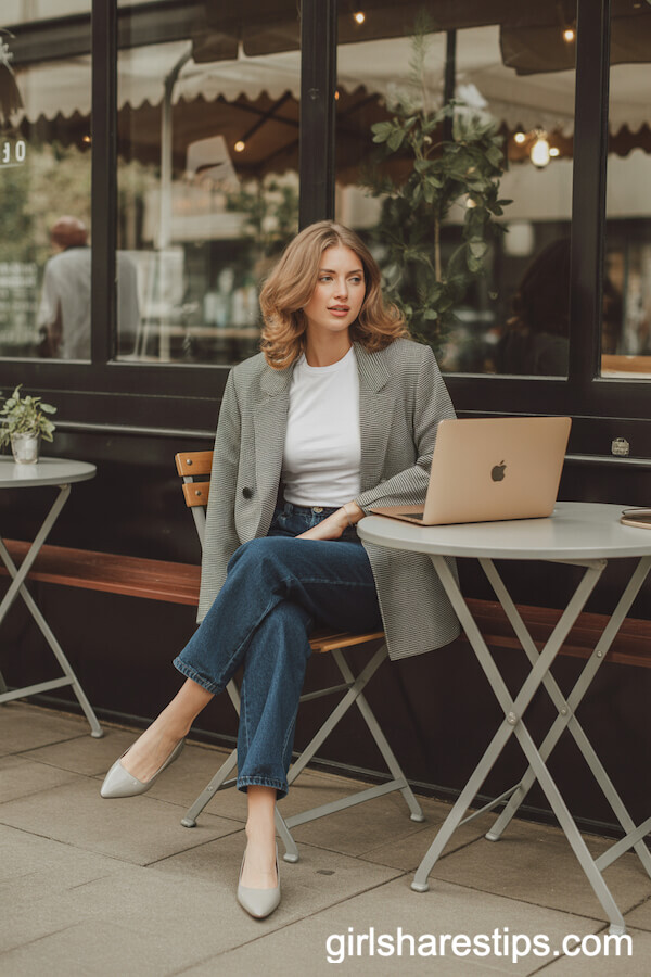 Gray Oversized Blazer with Dark Jeans for Casual Office Days