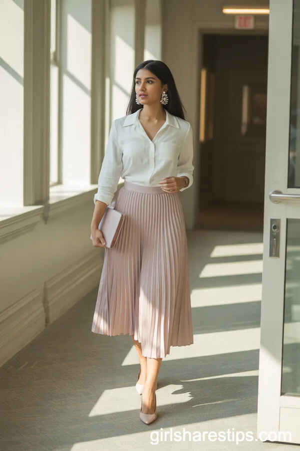 Pastel Pink Pleated Skirt and Silk Blouse for Feminine Elegance