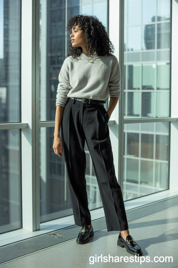 Grey Cashmere Sweater with Black Trousers for Cozy Professionalism