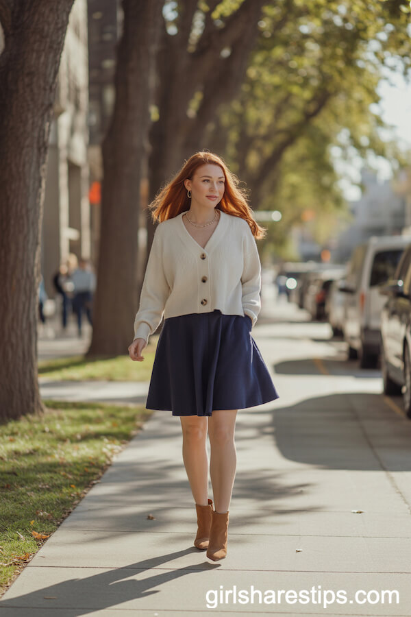 Cream Cardigan and Navy Skirt for Fall Workdays