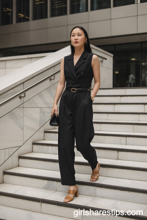 Black Tailored Jumpsuit for a Sleek City Office Look